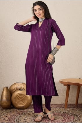 Salwar Kameez violet brodé en mélange de coton avec dupatta SK15834
