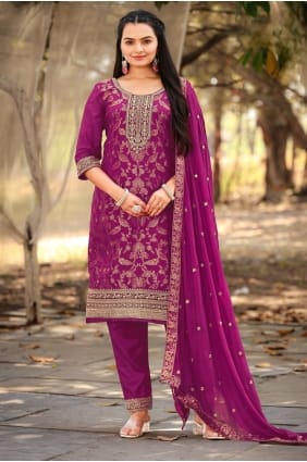 Salwar Kameez violet brodé jacquard avec dupatta SK155895