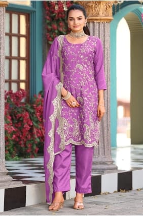 Salwar Kameez violet pour l'Aïd avec soie brodée SK155936