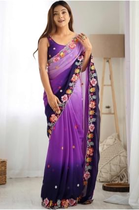 sari violet en georgette brodée SR28384