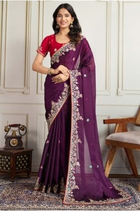 Sari en georgette brodée violette avec chemisier assorti SR28926