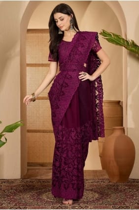 Sari en résille brodée violette avec chemisier assorti SR29264