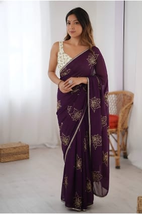 Sari violet en soie brodée SR30221