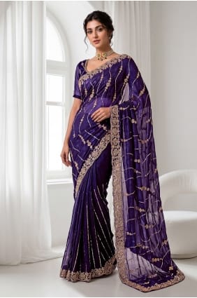 Sari en soie violet orné de sequins et de broderies à la main SR30193