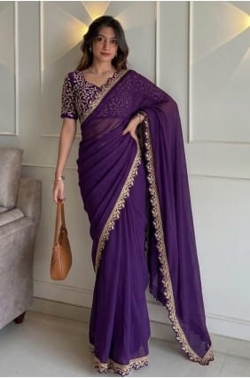 Sari brodé en dentelle et soie violette SR30053