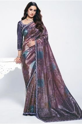 Sari violet en soie brodée SR28949