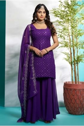 costume sharara violet avec fausse georgette brodée SS1231