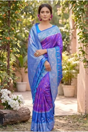 Sari en soie brodée violette SR29950