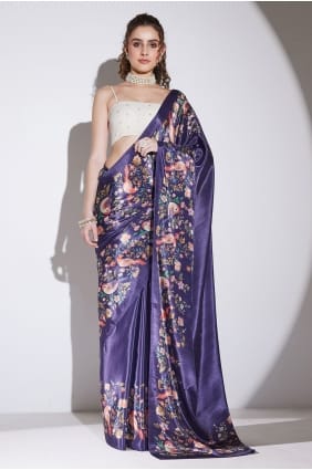 Sari violet en soie imprimée SR30249