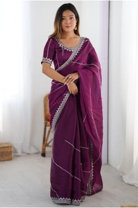 Sari en soie à sequins violets et fils. SR29737