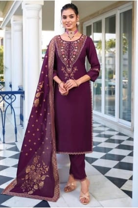 purple straight pant suit with embroidered viscose SK155536