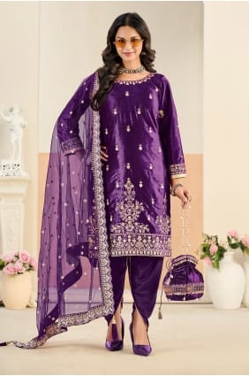 Ensemble Patiala violet en velours avec broderies SK15677