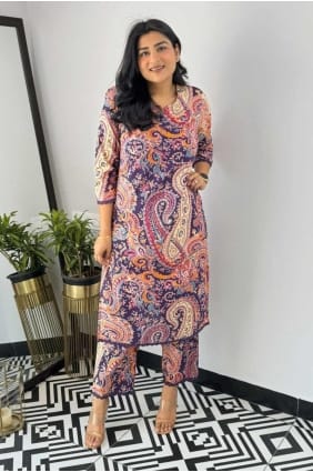 costume droit en viscose violet à imprimé numérique avec dupatta SK155300