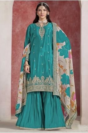 Costume Sharara en soie avec tissage bleu Rama SS1274