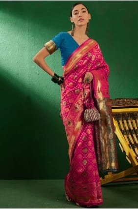 Saree en soie Banarasi en rose Rani avec tissage SR29260