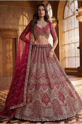 Lehenga choli en tulle rose framboise avec broderies LC9040