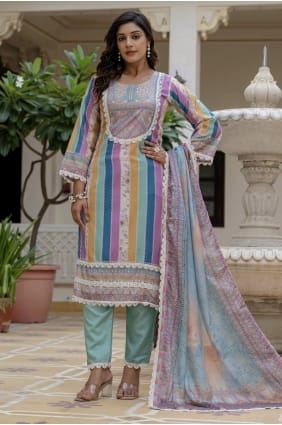 Salwar Kameez brodé multicolore en rayonne SK155842