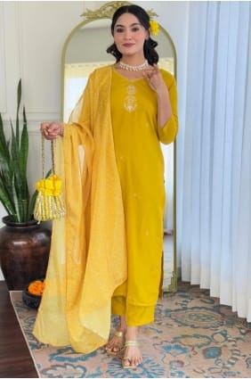 Salwar Kameez jaune brodé en rayonne avec dupatta SK155848