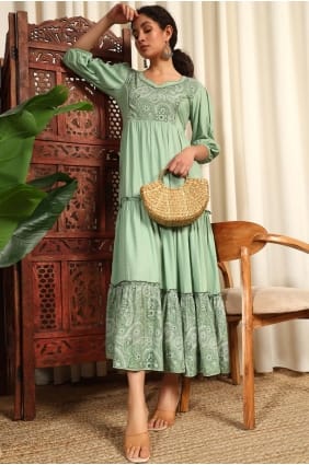 Robe longue vert pistache en rayonne imprimée GW1198
