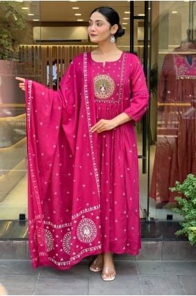 Ensemble Anarkali rose brodé en rayonne pour l'Aïd AS4178