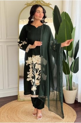 Salwar Kameez en rayonne brodée verte avec dupatta SK155721
