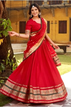 Kundan Chanderi Lehenga Choli en rouge avec Dupatta LC8900