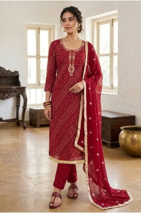 Salwar Kameez rouge imprimé en coton SK159143