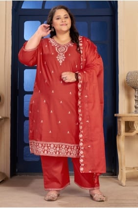 Salwar Kameez en coton brodé de rouge SK159153
