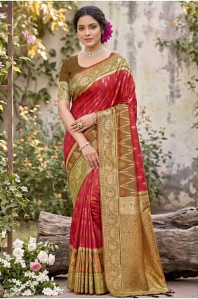 Sari en soie rouge brodé SR29949
