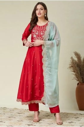 Anarkali rouge brodée en soie AS4232
