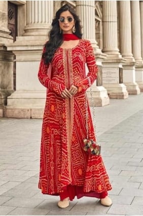 Costume palazzo brodé en georgette rouge avec dupatta PZ4128
