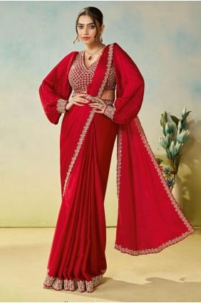 Sari en satin rouge avec main SR29169
