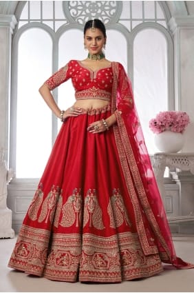 Lehenga Choli rouge en soie à la main LC9113