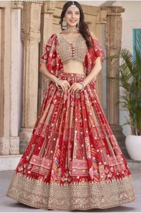 Lehenga Choli en mousseline de soie Chinon avec imprimé numérique en rouge LC8552