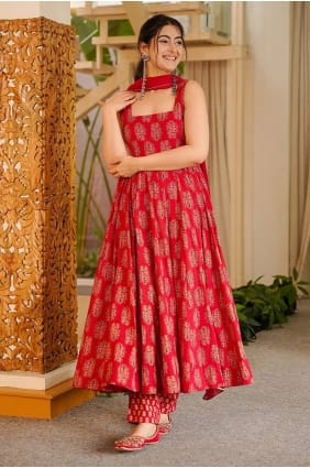 Ensemble Anarkali rouge en mousseline imprimée avec dupatta AS4344
