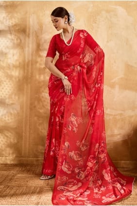 Sari rouge en georgette imprimée SR29960