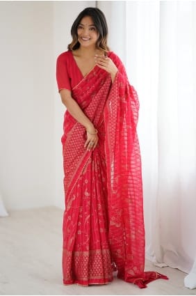 Sari rouge en dentelle georgette avec chemisier assorti SR30011