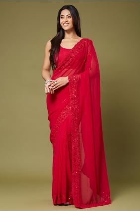 Sari rouge en georgette à sequins et broderies, avec chemisier assorti SR30326