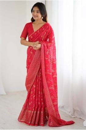 Sari en soie rouge Banarasi avec tissage SR28848