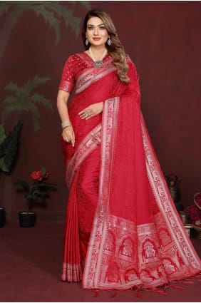 Sari rouge en satin zari avec chemisier assorti SR29921