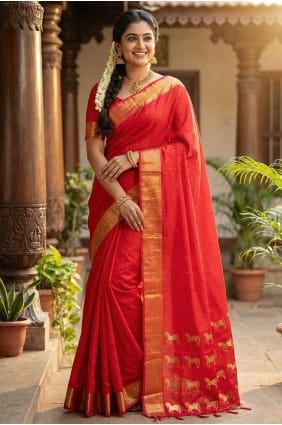 Sari en soie rouge brodée de zari SR29881