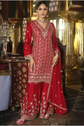 Ensemble Sharara en mousseline rouge avec pierres et perles SS1298