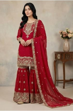 Ensemble Sharara rouge en georgette synthétique avec broderie SS1345