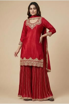 Ensemble Patiala en soie à paillettes rouges PZ4265