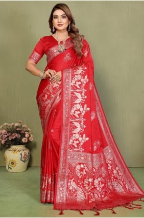Sari rouge en satin et soie avec zari SR29582