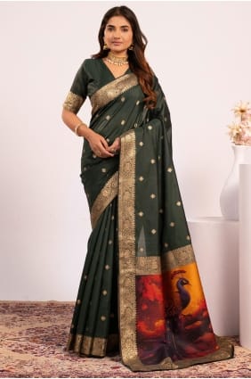 Saree vert en soie Banarasi avec Resham,zari SR29777