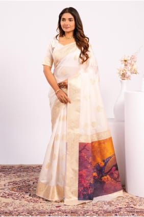 Saree en soie Banarasi en blanc cassé avec Resham, zari SR29454