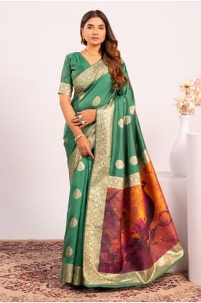 Resham, zari Banarasi Saree en soie en vert perroquet SR29451