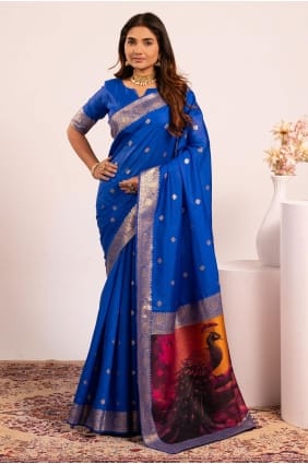 Resham en soie Banarasi, zari Saree bleu royal avec chemisier SR29781
