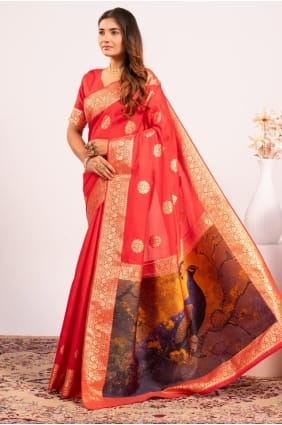 Saree en soie Banarasi en rouge avec Resham, zari SR29452